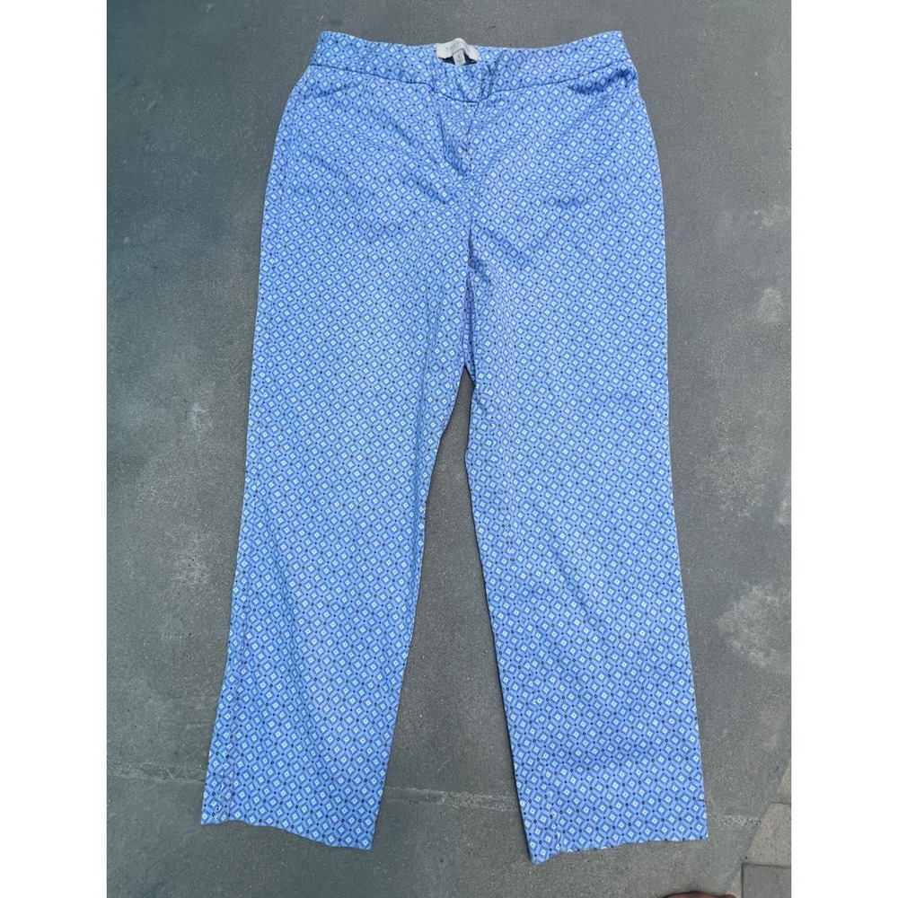 Talbots Curvy Fit Blue Geometric Diamond Print Ankle Pants Size 4 Cotton Stretch